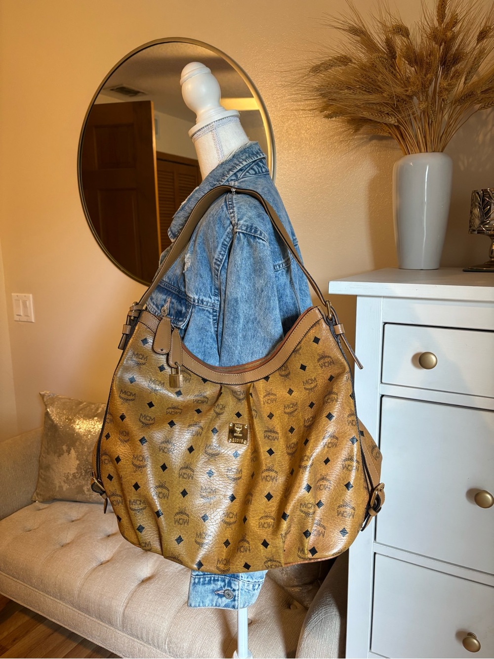 MCM Cognac Visetos Logo Hobo Bag
